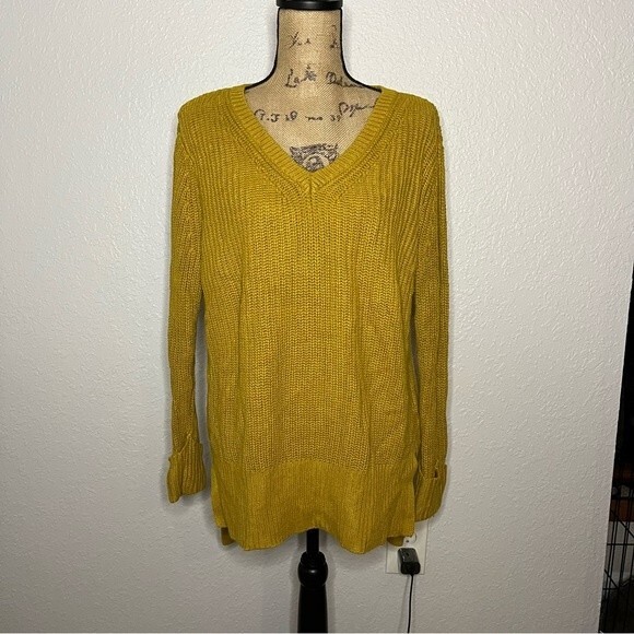 Ruby Moon Anthropologie Womens Mustard Knit Long Sleeve V-Neck Sweater sz M - Picture 1 of 7